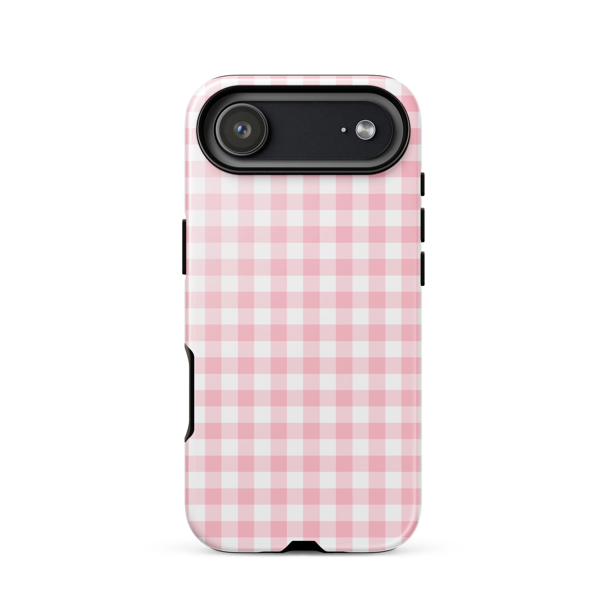 Phone Case with pink-and-white gingham pattern for iPhone, offering stylish protection and durability.
