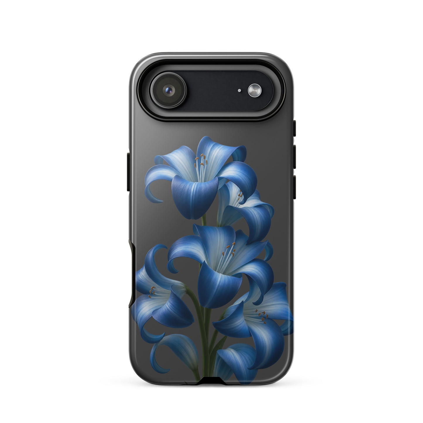 Phone Case with blue lily bloom art for iPhone on dark background, tough finish, stylish floral design protection.