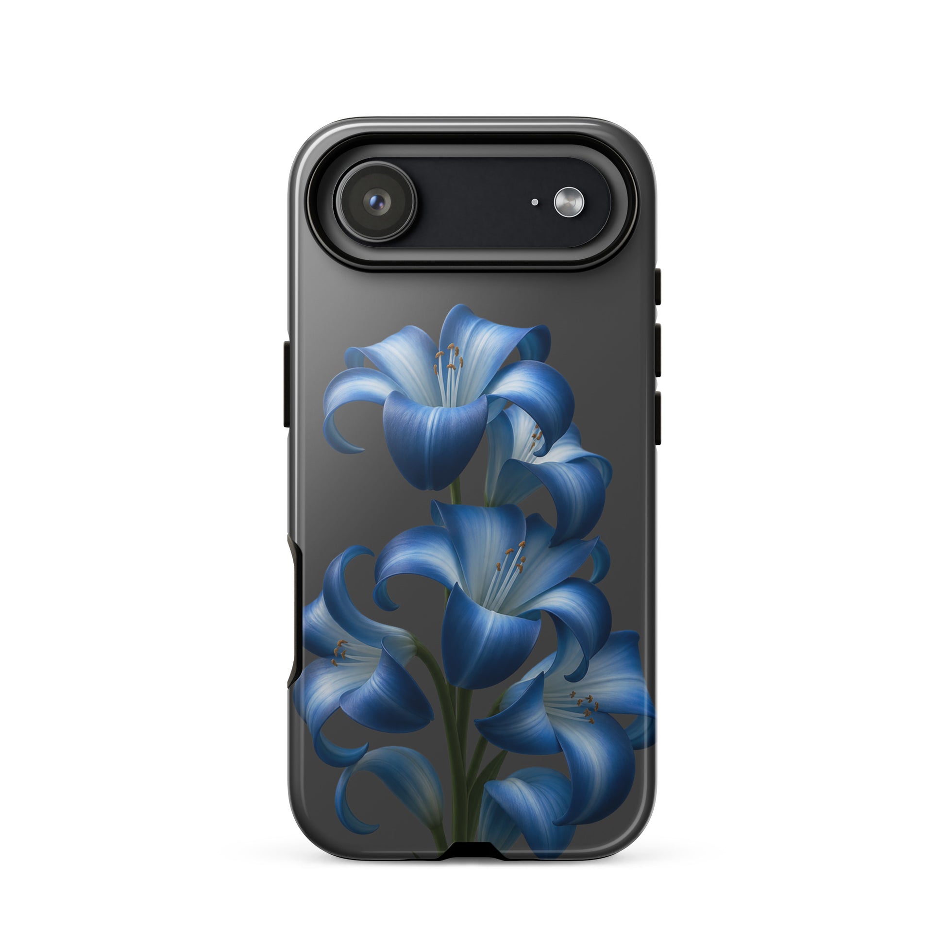 Phone Case with blue lily bloom art for iPhone on dark background, tough finish, stylish floral design protection.