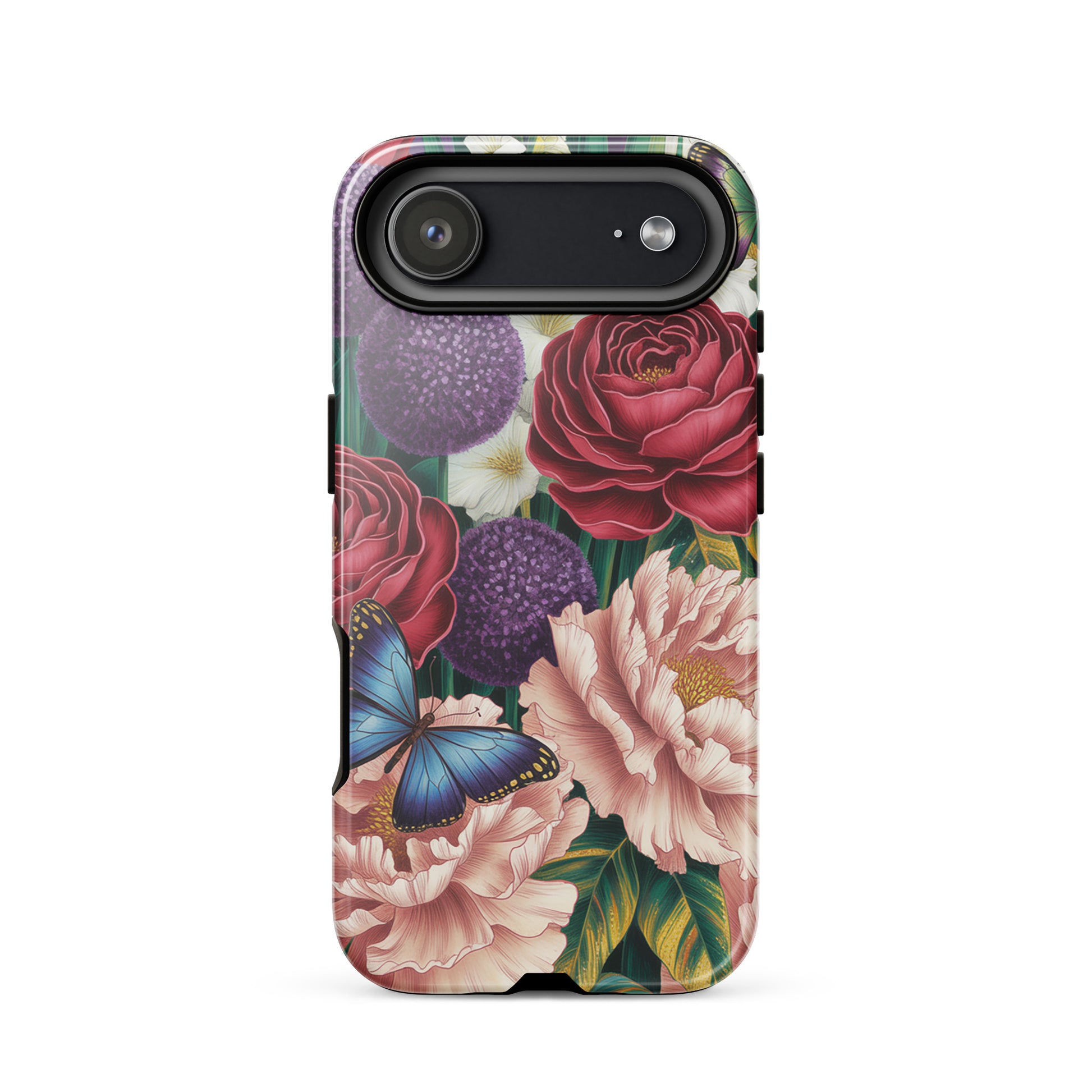 Phone Case for iPhone with botanical design featuring crimson roses, pink peonies, purple alliums, blue butterfly, and green foliage.
