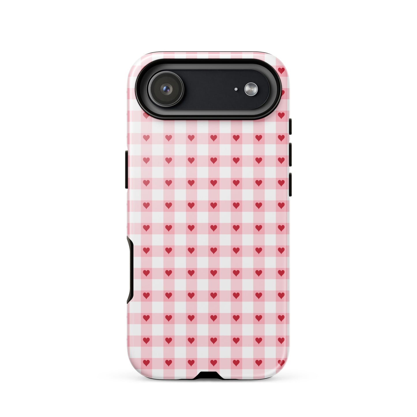 Phone Case with pink-and-white gingham heart pattern for iPhone, showcasing playful charm and durable luxury.