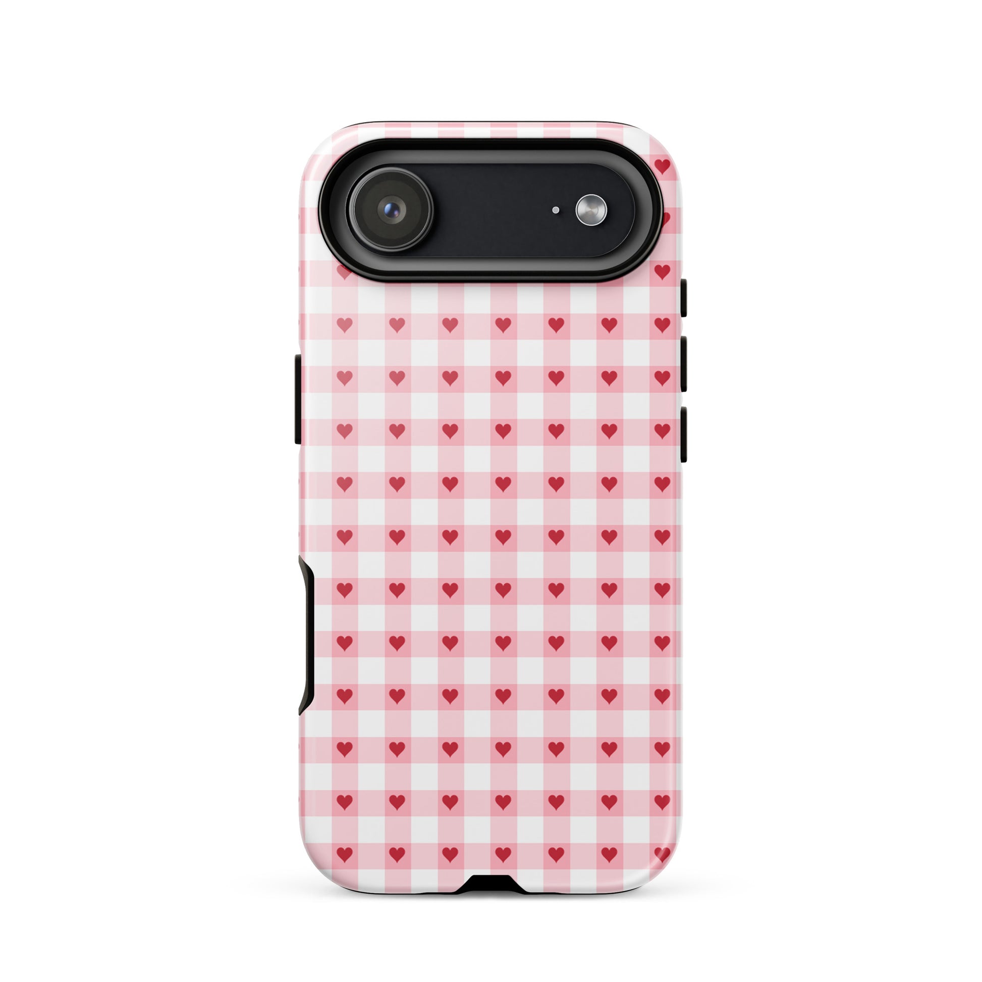 Phone Case with pink-and-white gingham heart pattern for iPhone, showcasing playful charm and durable luxury.