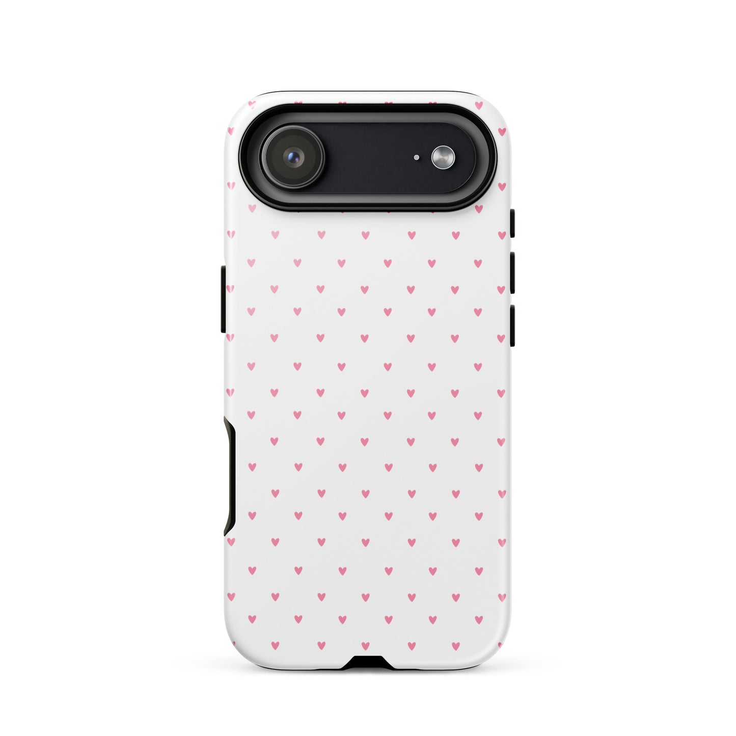 Phone Case with heart-dot pattern, minimalist design for iPhone, featuring cute hearts on bold background, stylish accessory.