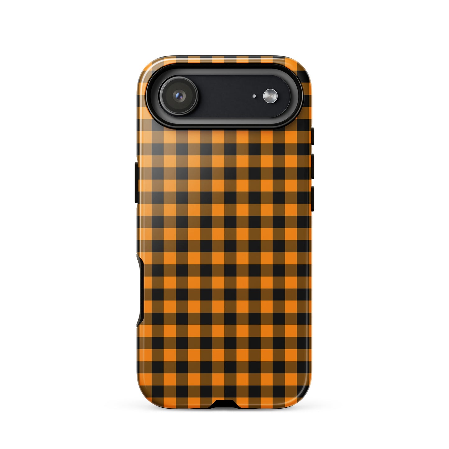 Black-and-orange gingham iPhone phone case with autumn theme design, stylish accessory offering durability and luxury.