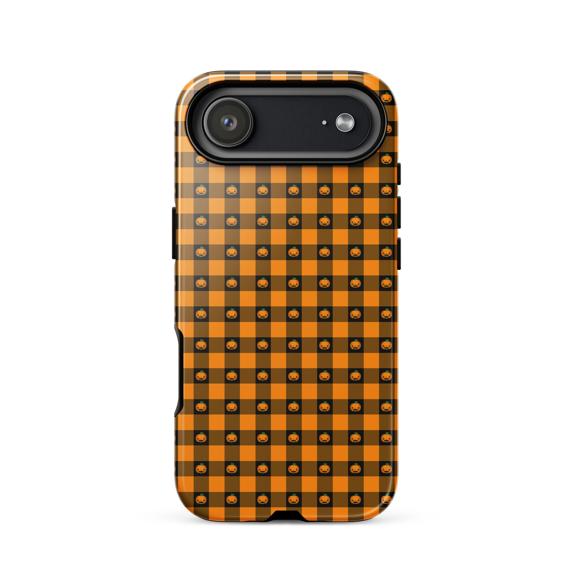 Phone Case for iPhone with playful pumpkin gingham Halloween design in orange and black.
