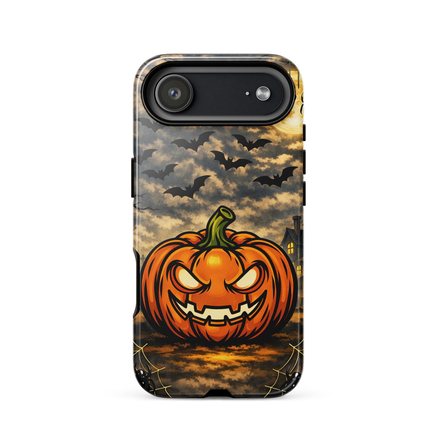 Phone Case for iPhone with haunted pumpkin design featuring bats, moonlit clouds and a spooky house, perfect for Halloween enthusiasts.