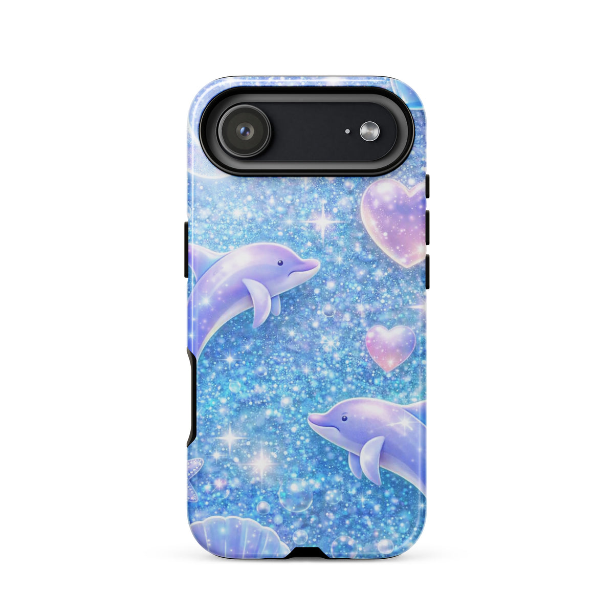 Phone Case featuring ocean glitter dolphins, pastel moons, and tiny shells on a shimmering background, creating a magical night sky.