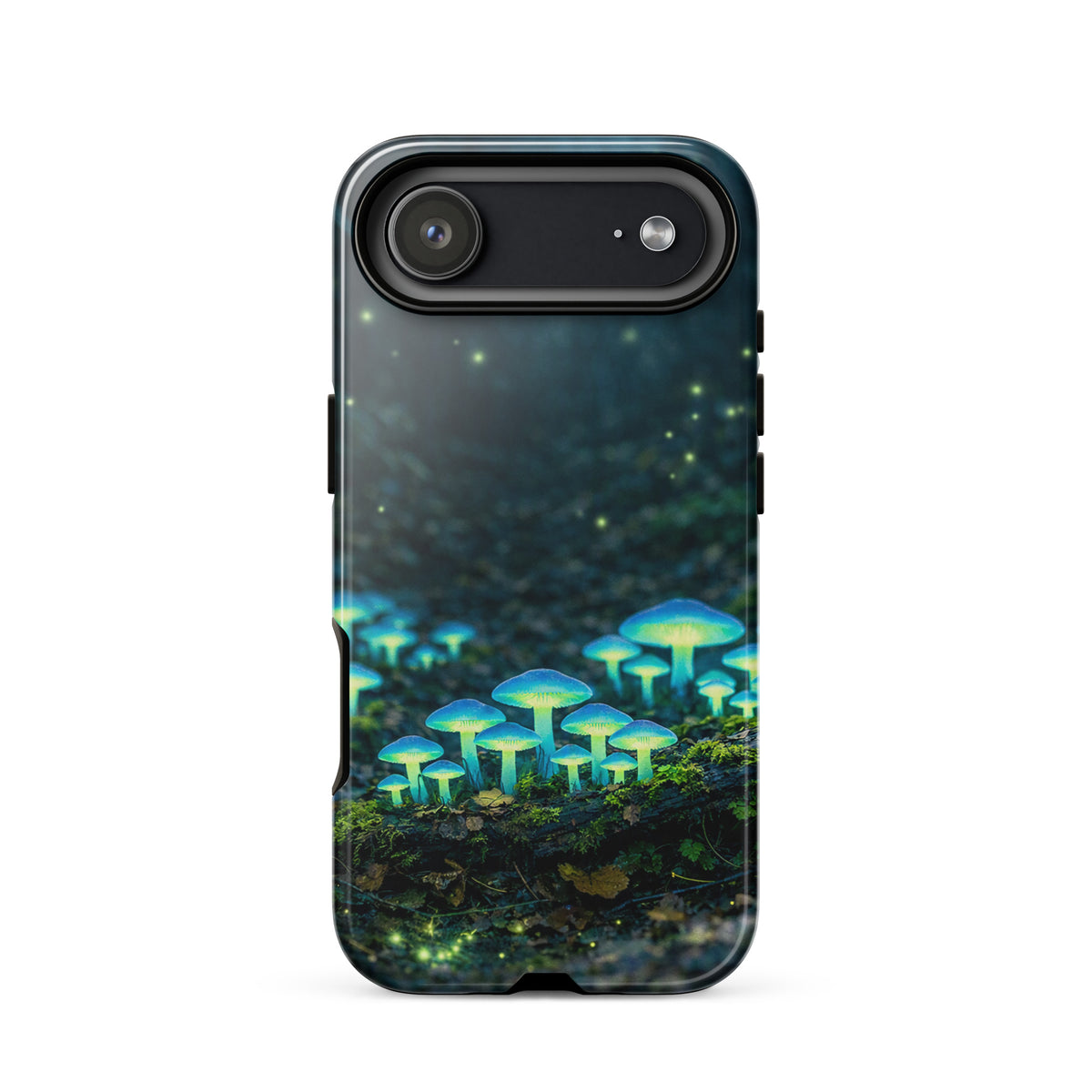 Phone Case for iPhone with glowing forest mushrooms in ethereal blue-green light on the forest floor, magical and dreamy design.