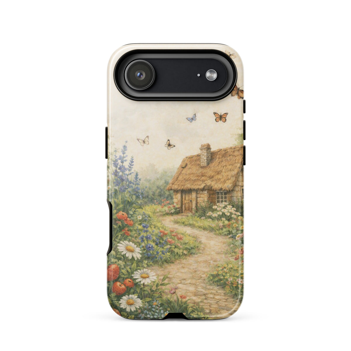 Phone Case for iPhone featuring a cottage garden design with a thatched-roof house and floral path on a cream background.