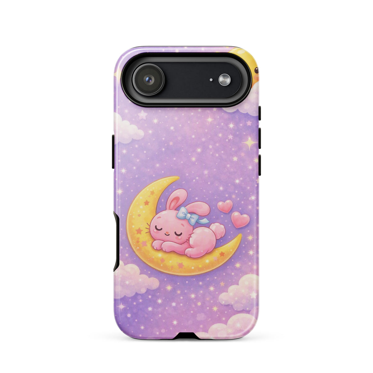 Phone Case with dreamy bunny moon design, featuring a pink bunny sleeping on a crescent moon amidst stars on a pastel background.