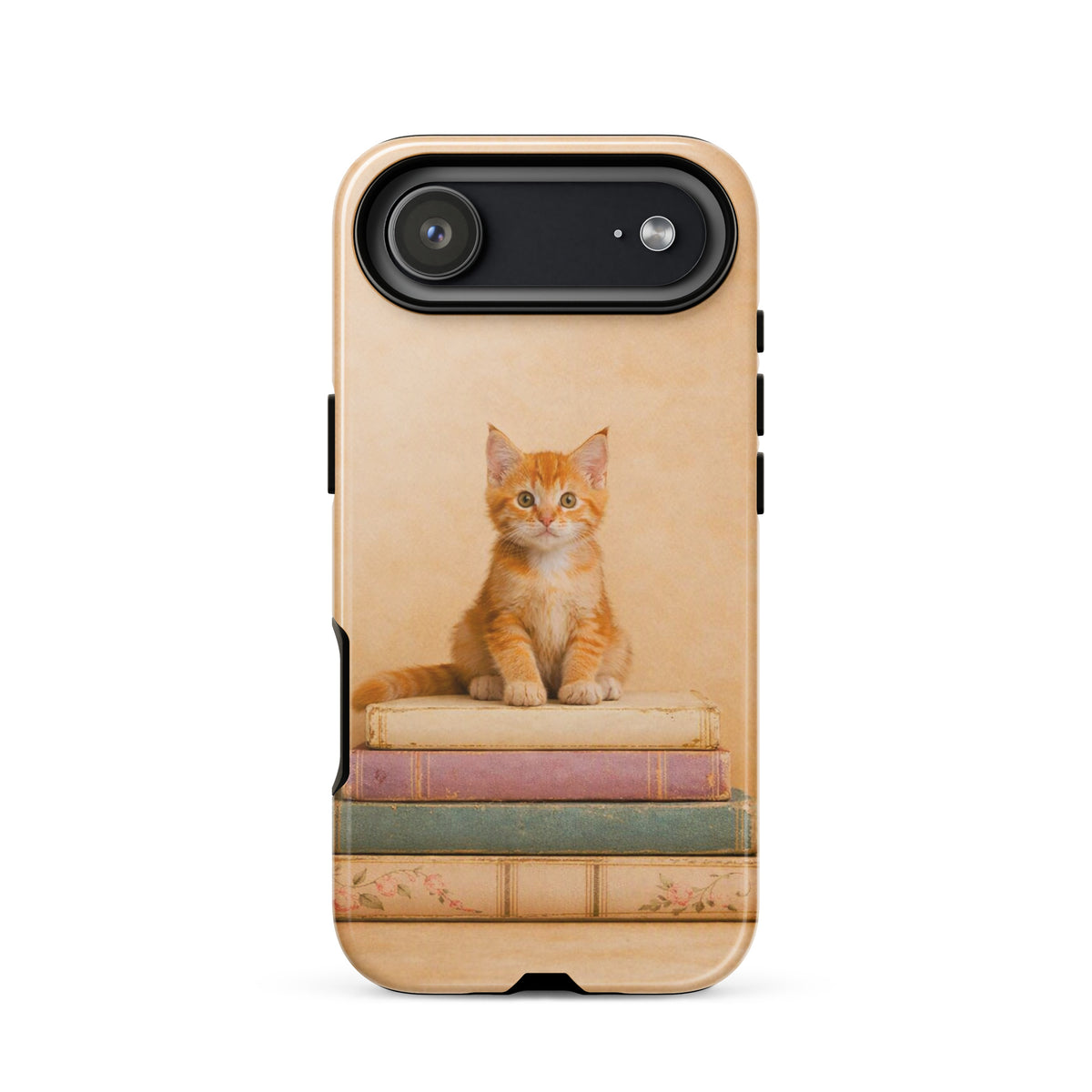 Phone Case for iPhone - Cozy Kitten & Vintage Books Design with orange tabby kitten on pastel books, charming and protective case