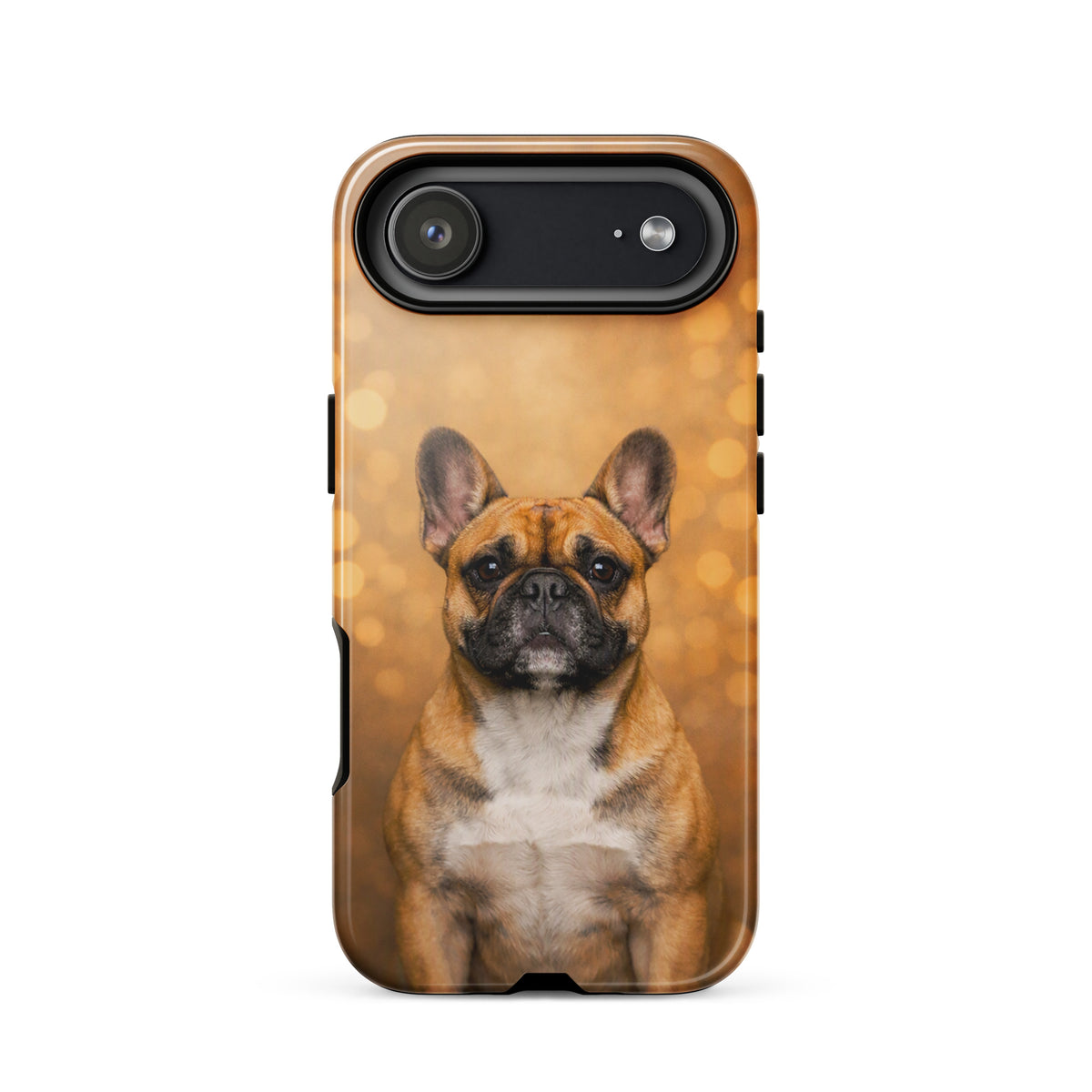 Phone Case for iPhone with French Bulldog portrait on golden bokeh background, Warm Glow Edition, perfect for dog lovers.