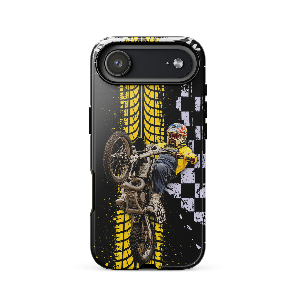 Phone Case for iPhone featuring motocross air-wheelie design with bold yellow tire print and checkerboard pattern.