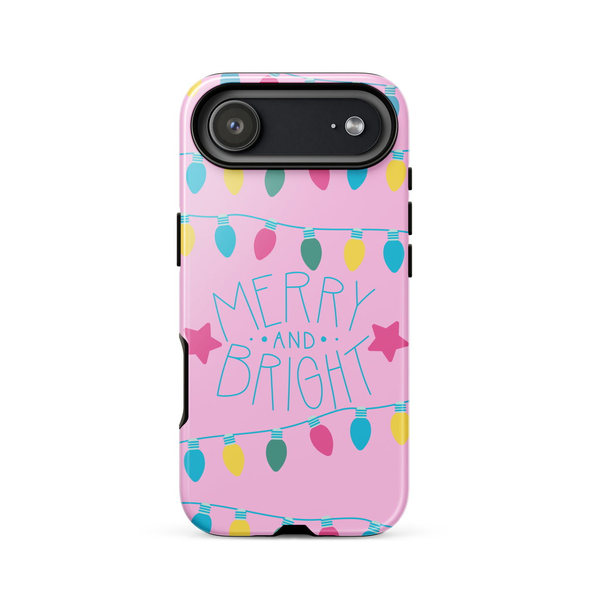 Phone Case for iPhone with "Merry and Bright" holiday lights in pink, turquoise, yellow, and green on a pink background.