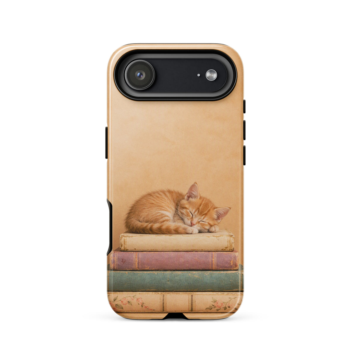 Phone Case for iPhone with sleeping kitten on vintage books design