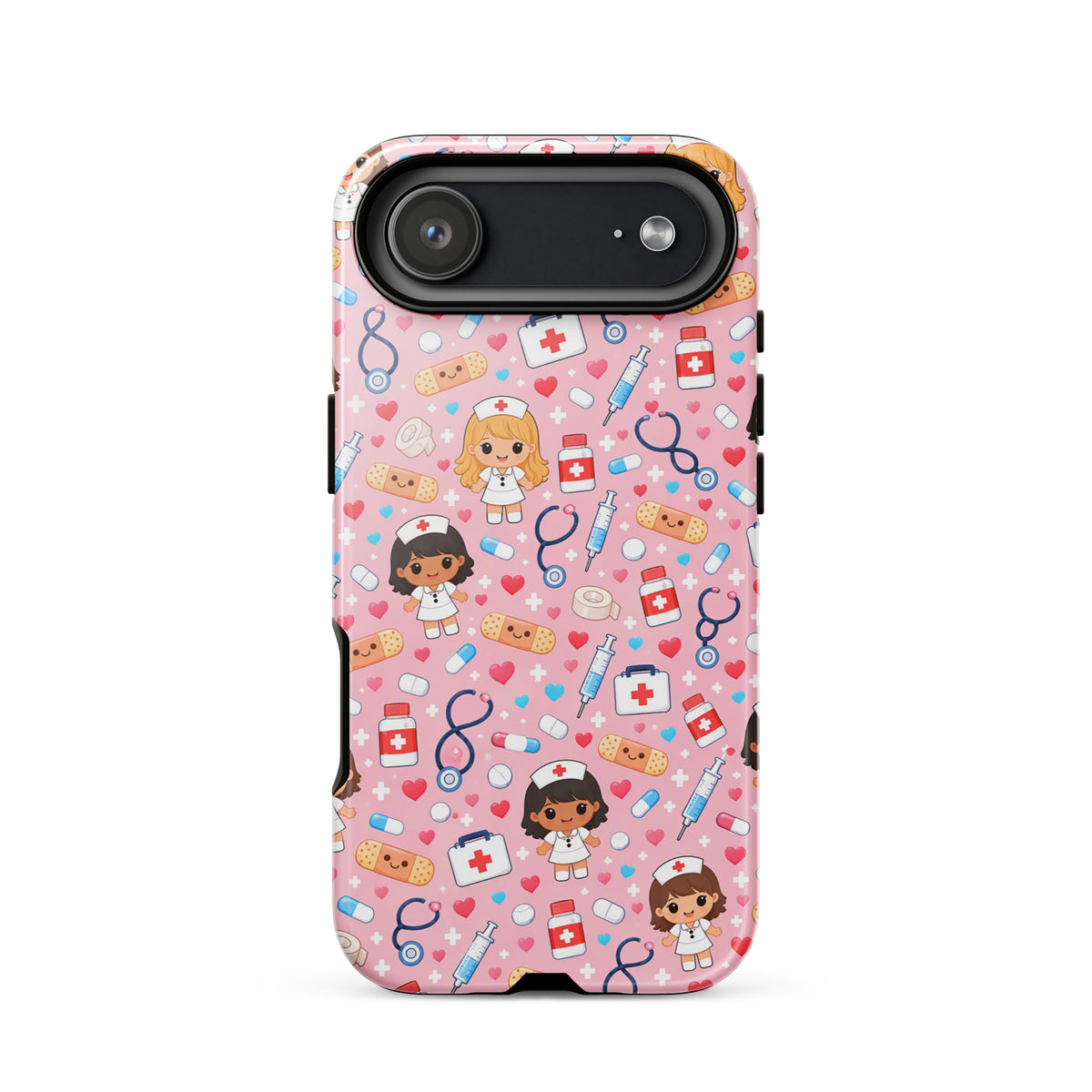 Phone Case with kawaii nurse medical pattern on pink for iPhone, featuring stethoscopes, bandages, and more.