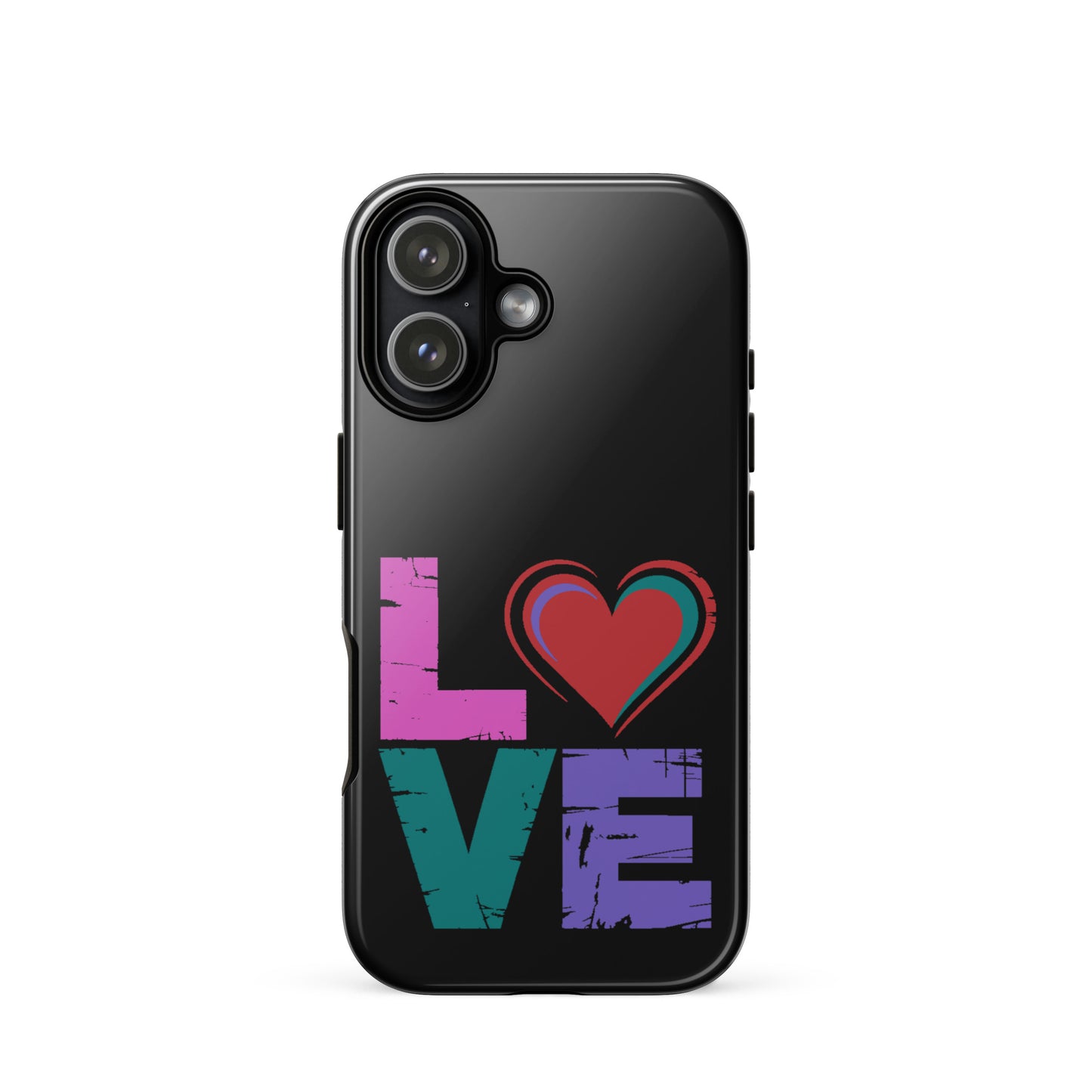 Love Tough Dual Layered Case for iPhones featuring colorful love design with heart.