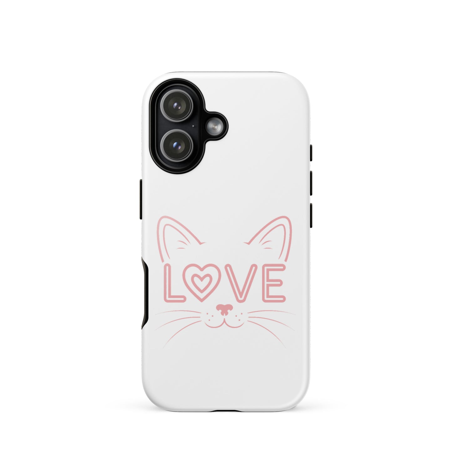 Cat Love Phone Case for iPhone featuring minimalist cat face and 'LOVE' design.