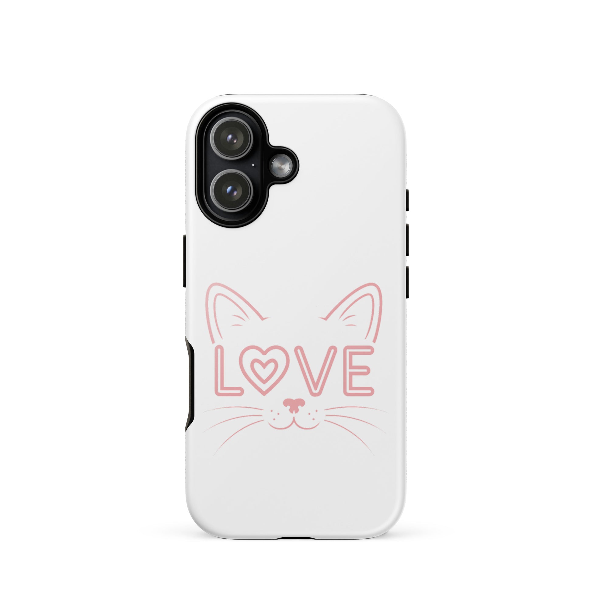 Cat Love Phone Case for iPhone featuring minimalist cat face and 'LOVE' design.