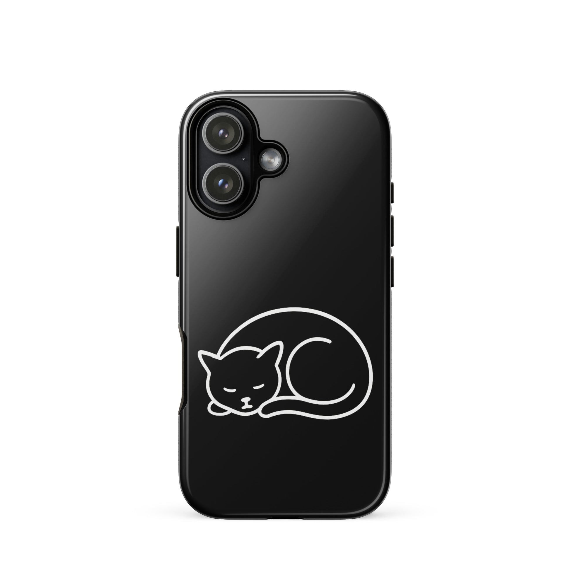 Phone case for iPhone featuring a minimalist curled-up cat design on a sleek black background.