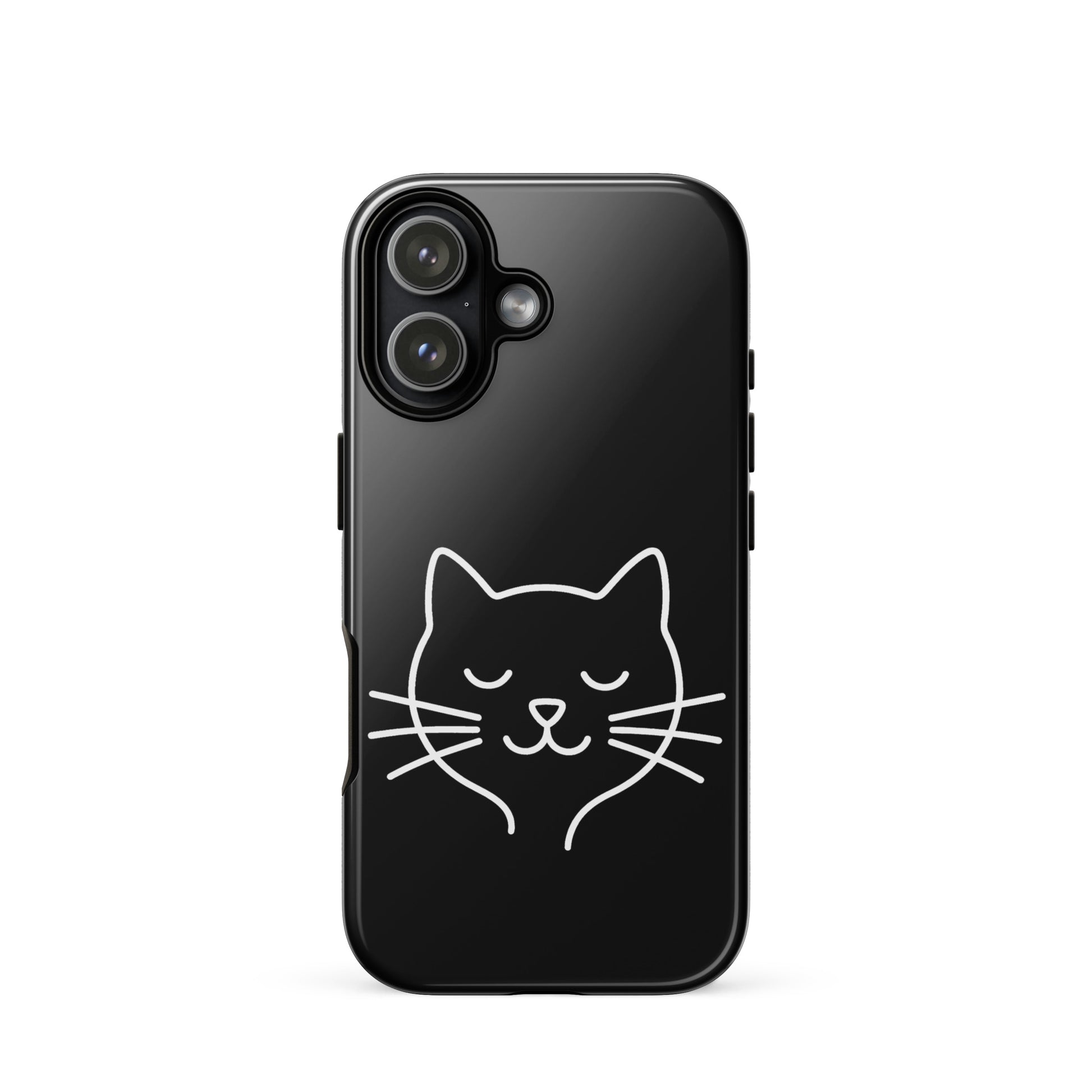 Phone Case for iPhone featuring cute minimalist cat line art design on a sleek black background.