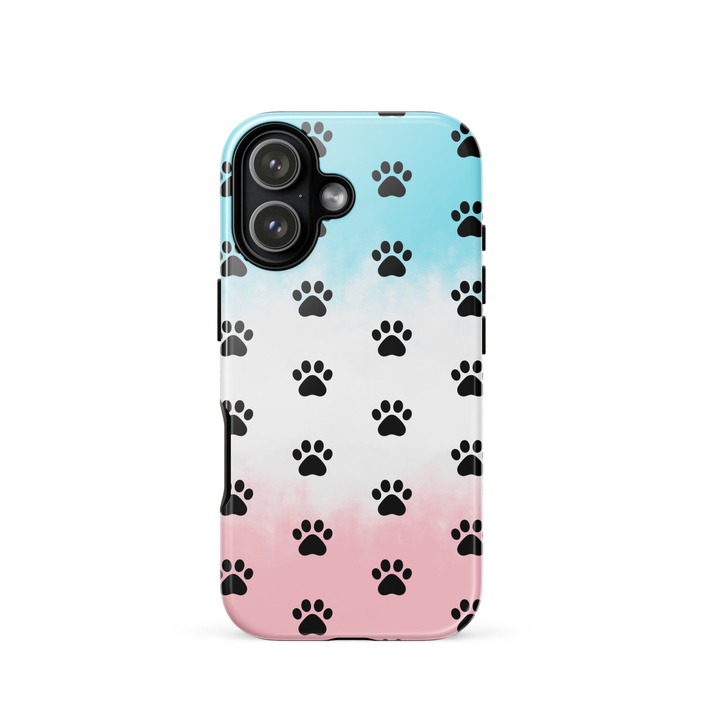 Phone Case for iPhone with a playful paw print pattern in blue and pink colors.