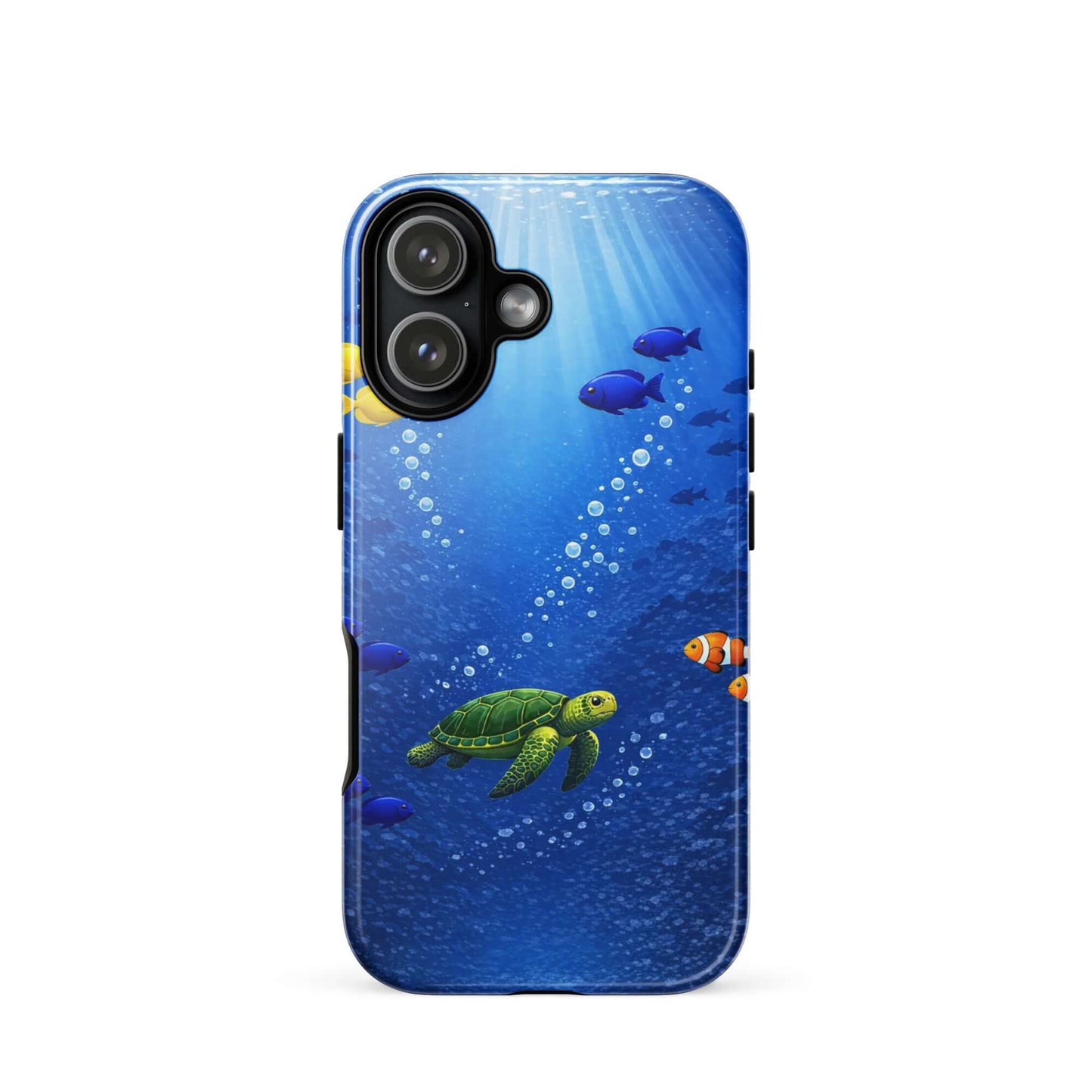 Phone Case featuring a sea turtle design swimming among tropical fish in deep blue water.