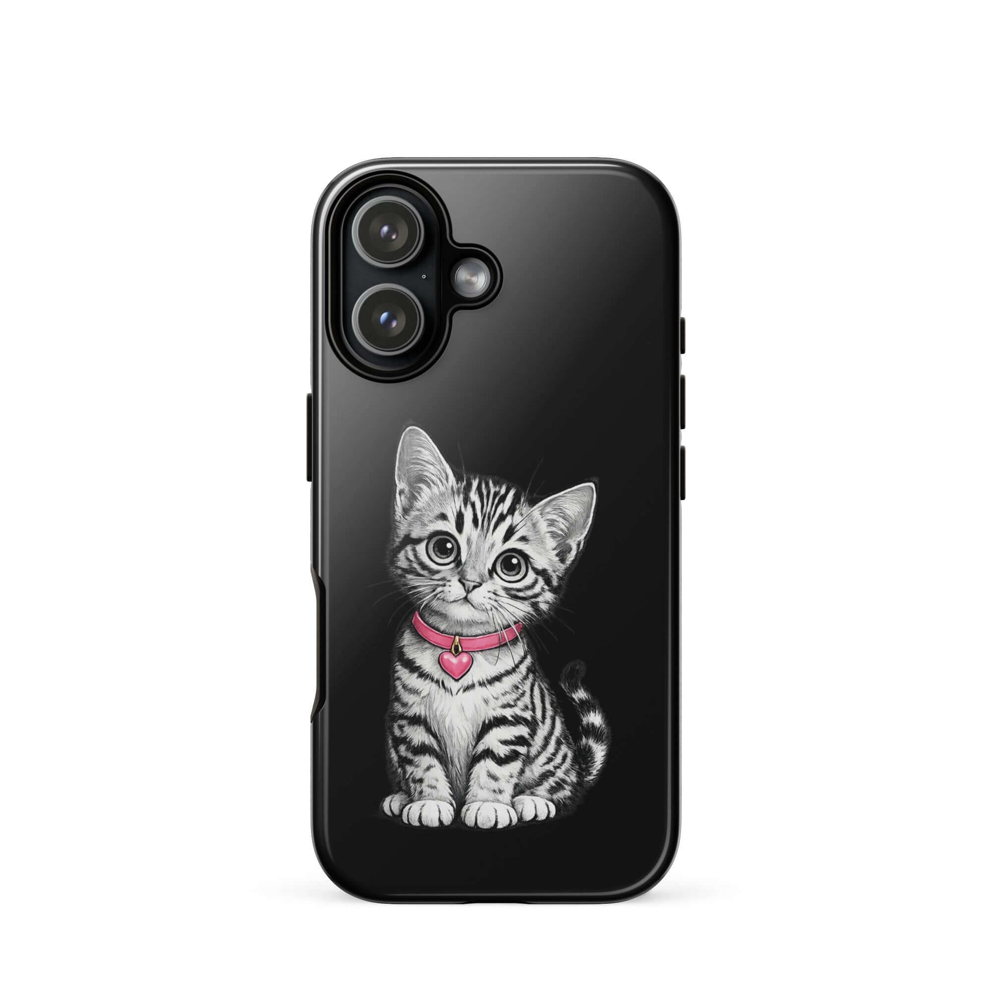 Phone Case for iPhone with pencil sketch kitten and pink heart charm