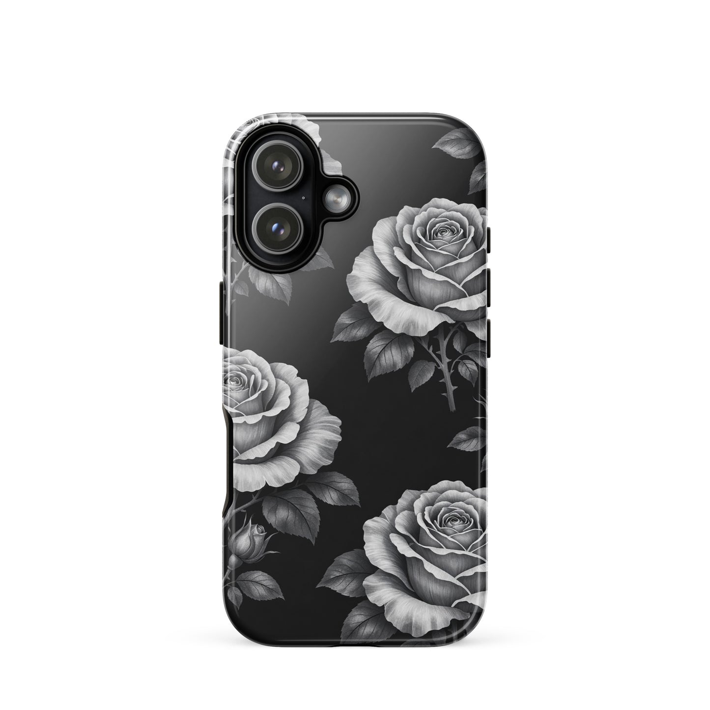 Phone Case with rose garden design for iPhone, featuring hand-sketched roses on a black background for elegant style and protection.
