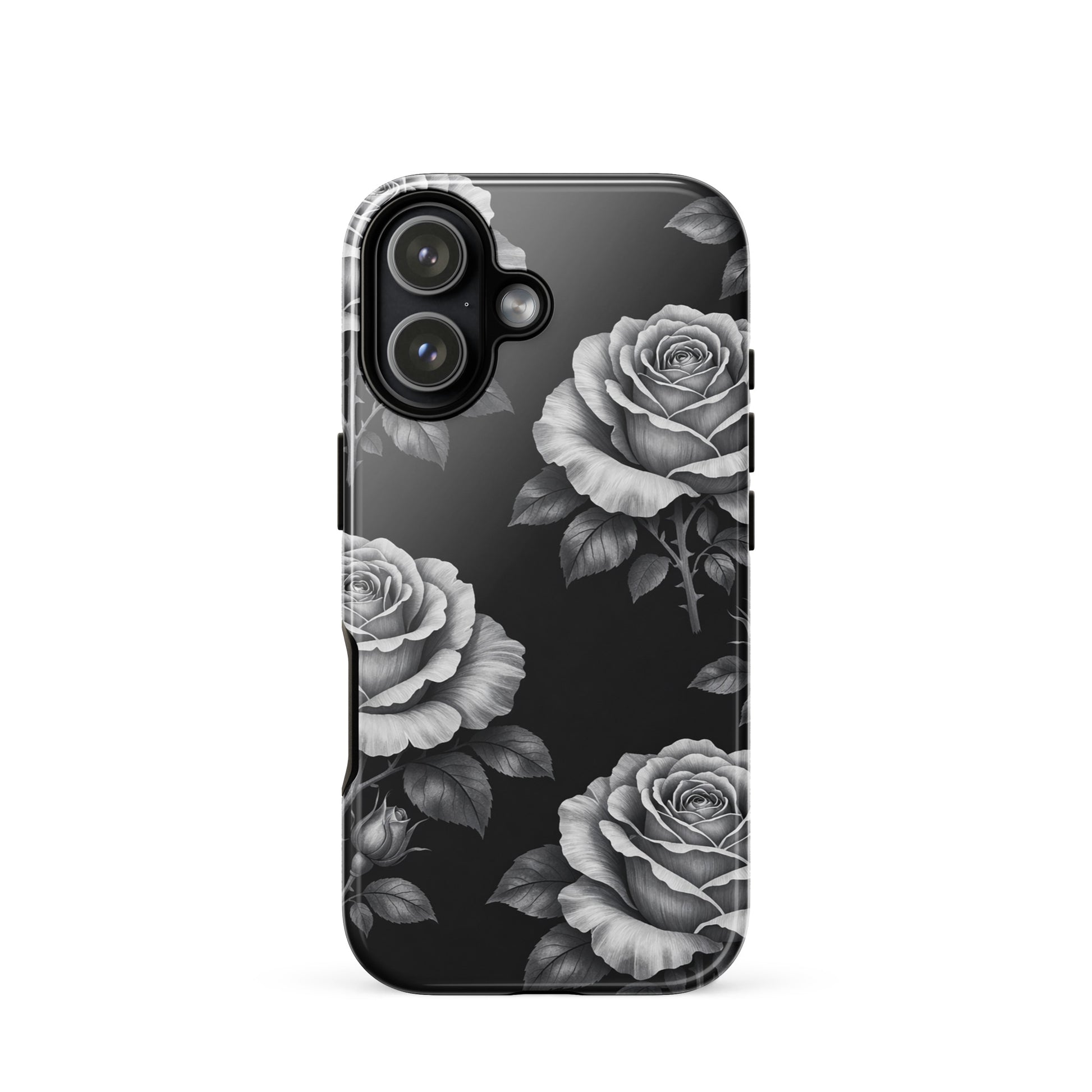 Phone Case with rose garden design for iPhone, featuring hand-sketched roses on a black background for elegant style and protection.
