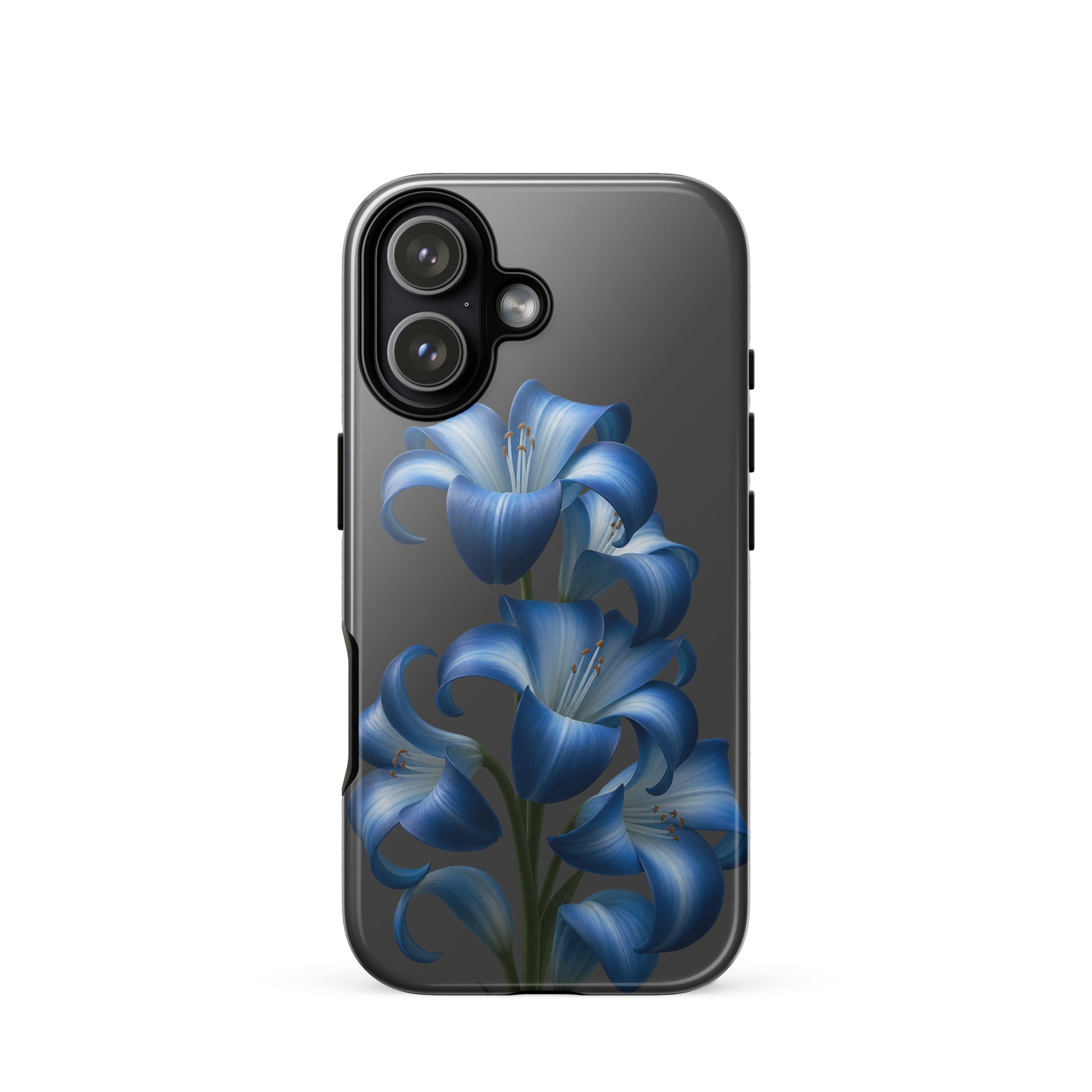 Phone Case for iPhone featuring blue lily bloom art on a dark backdrop, offering style and protection with a tough finish.