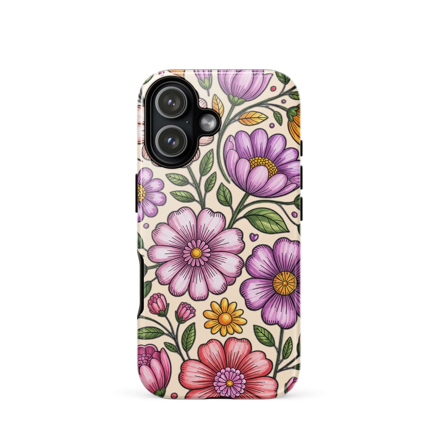 Phone Case for iPhone with pastel floral design featuring pink, peach, lavender, and yellow flowers on a protective dual-layer construction.