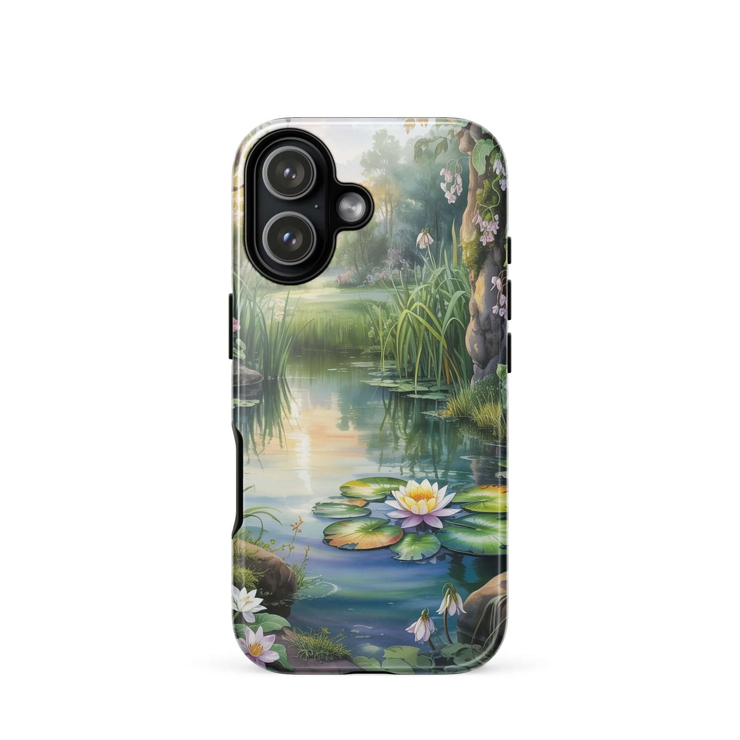 Phone Case for iPhone with enchanted pond design featuring tranquil lilies and greenery, offering a scenic escape.