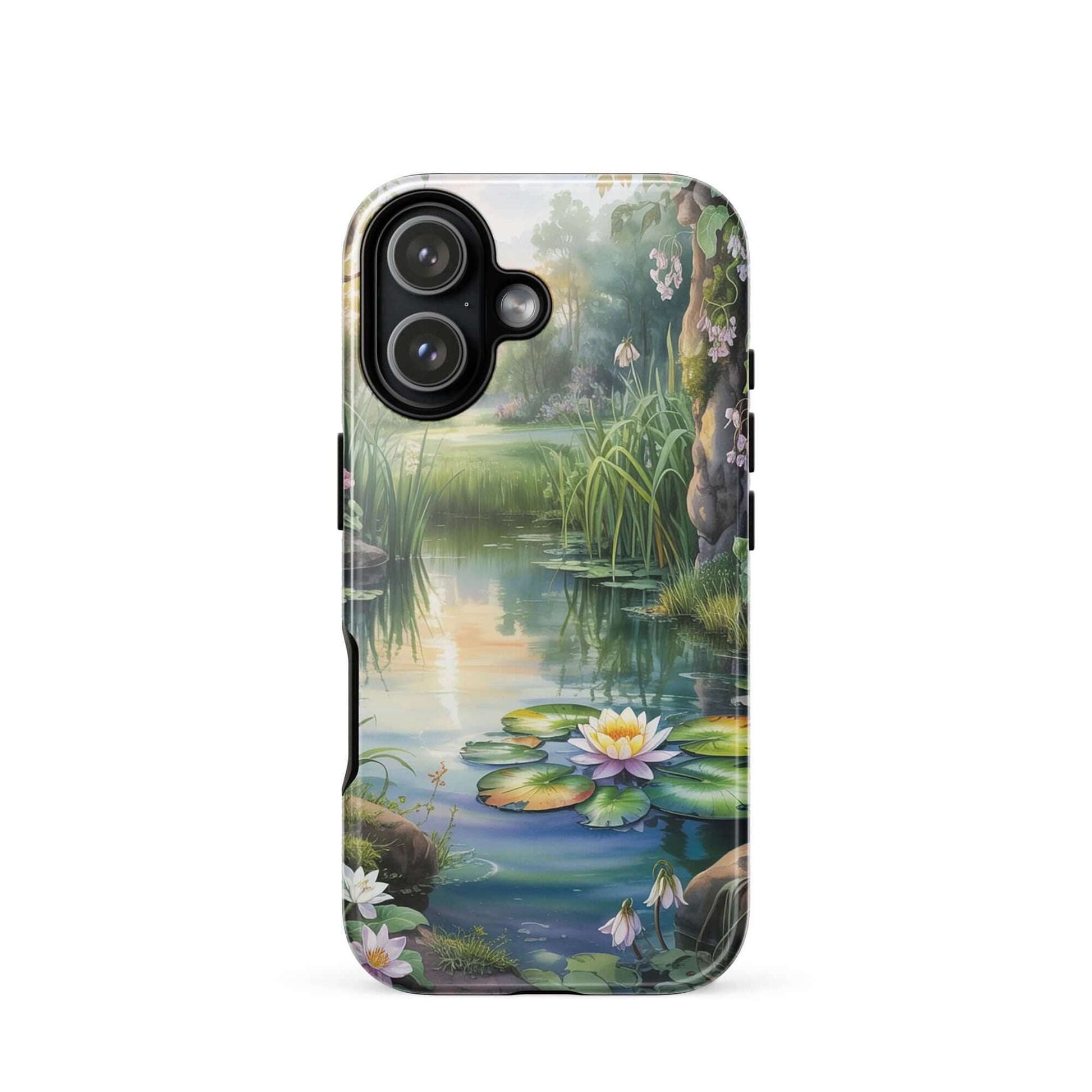 Phone Case for iPhone with enchanted pond design featuring tranquil lilies and greenery, offering a scenic escape.