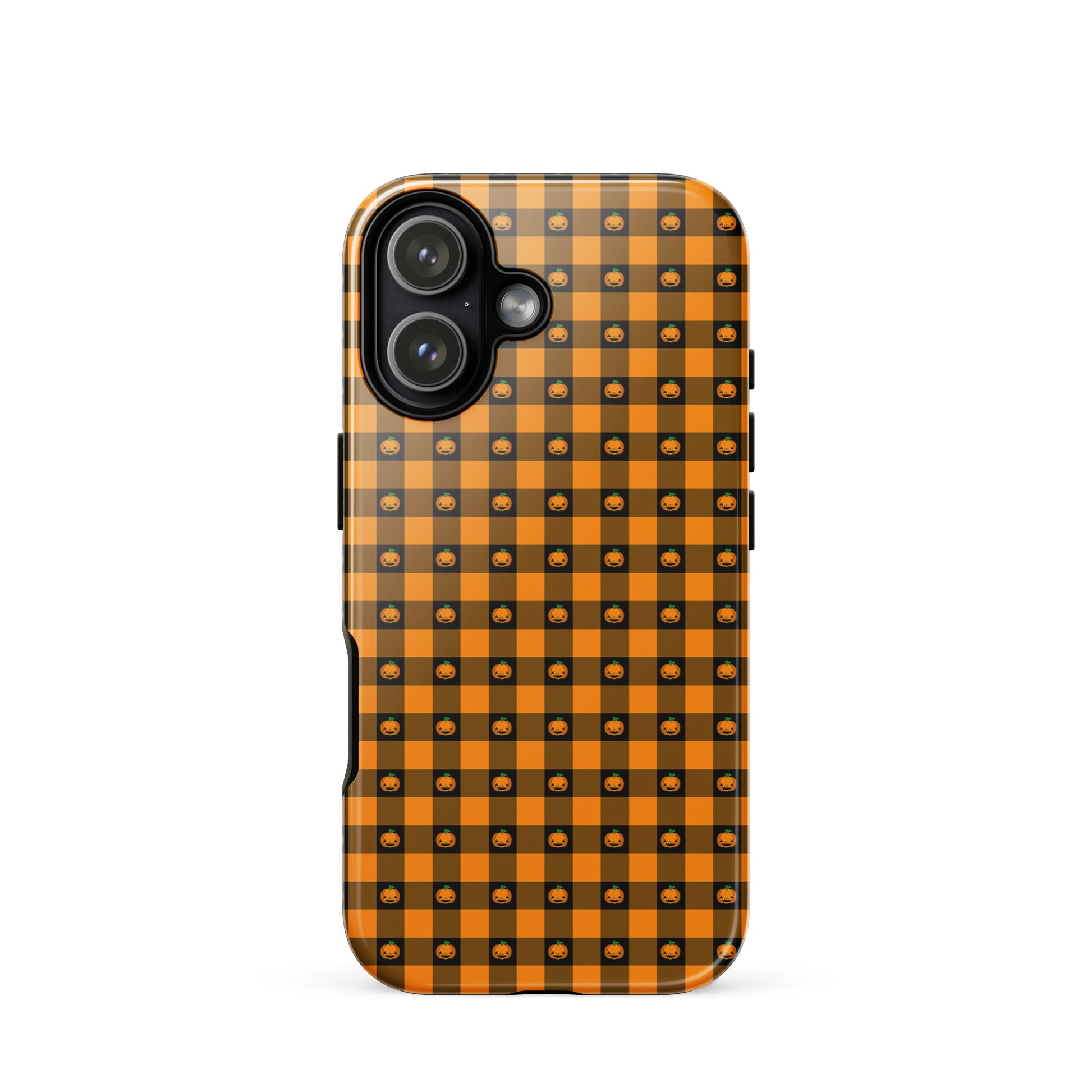Phone Case for iPhone with playful pumpkin gingham Halloween design, featuring bold gingham and jack‑o’-lantern faces.
