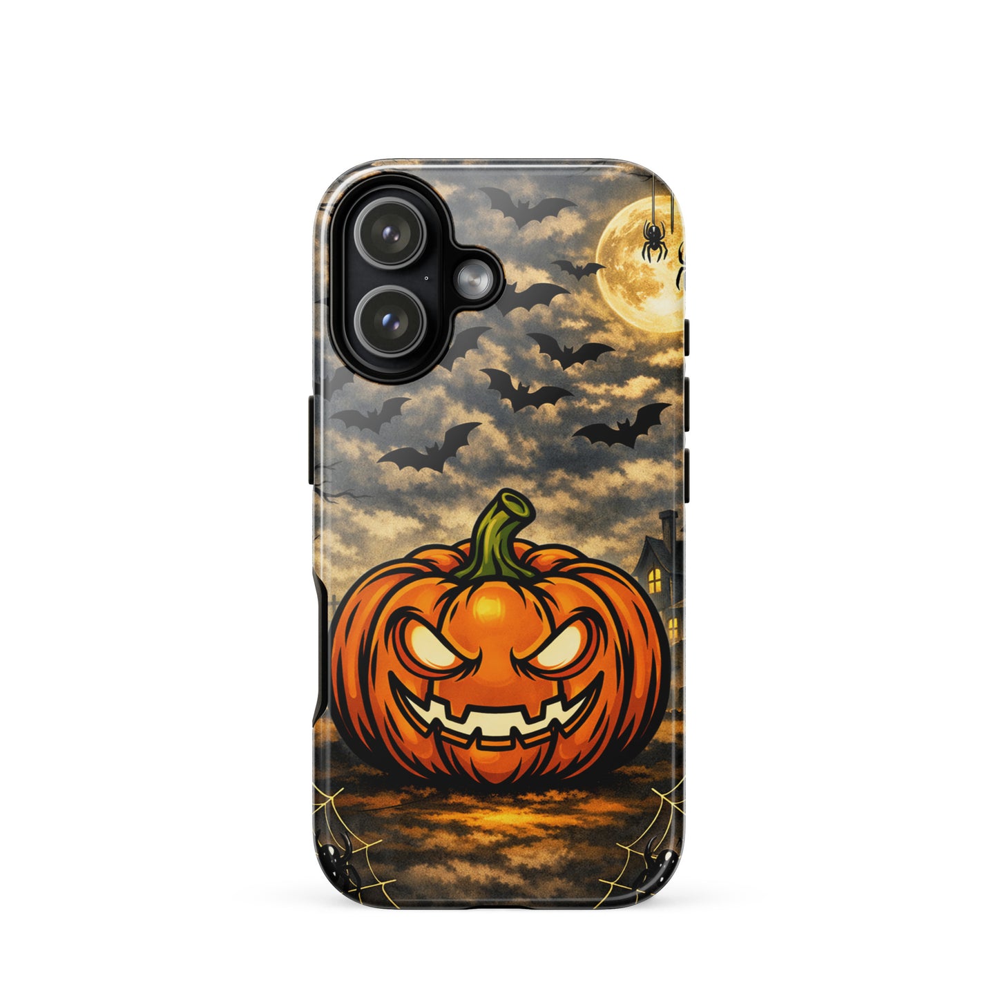 Phone Case for iPhone with Halloween design featuring a glowing pumpkin, bats, moonlit clouds, and haunted house. Perfect spooky charm for Halloween.