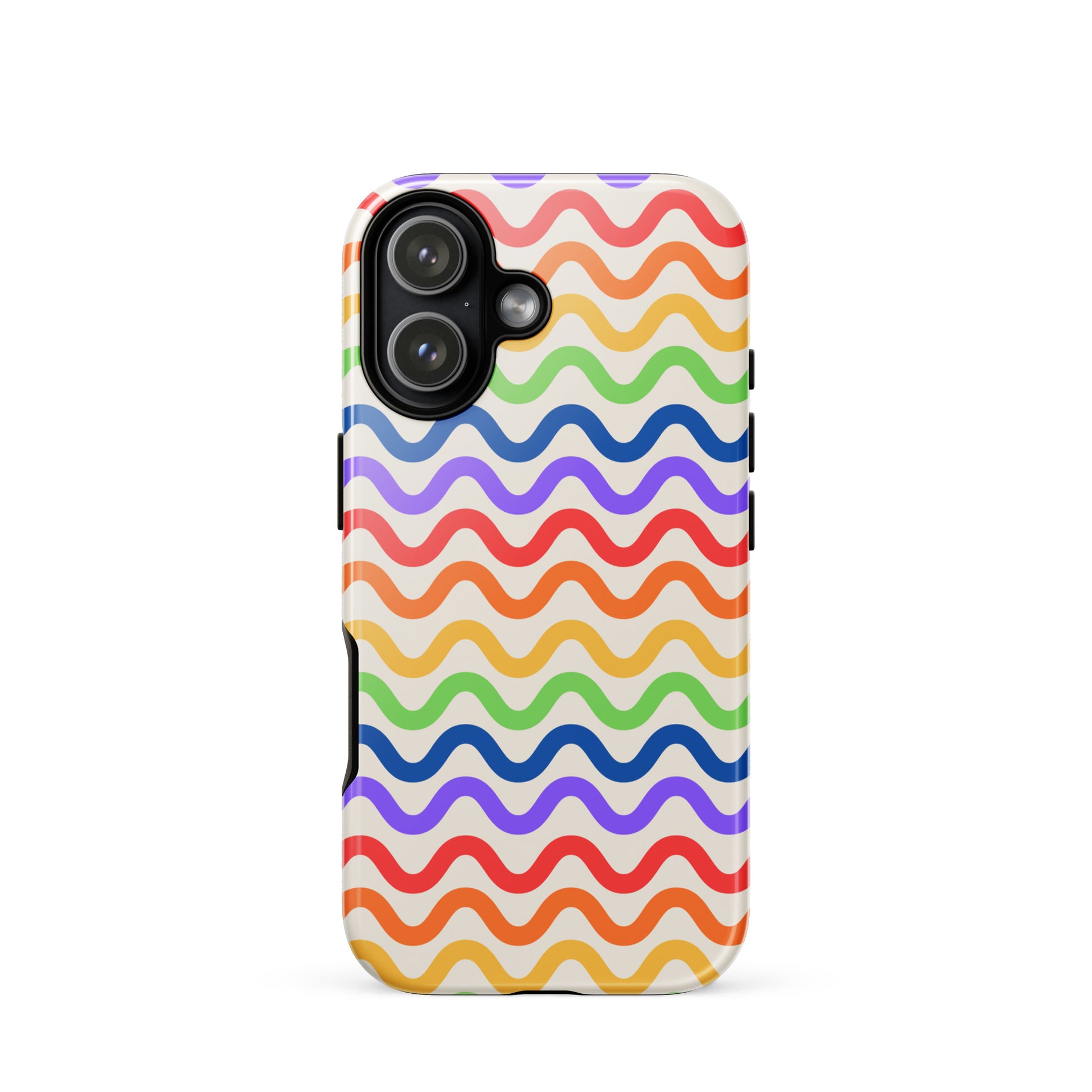 Phone Case with wavy rainbow pattern for iPhone, offering a colorful and protective style with purple, red, orange, yellow, green, and blue lines.