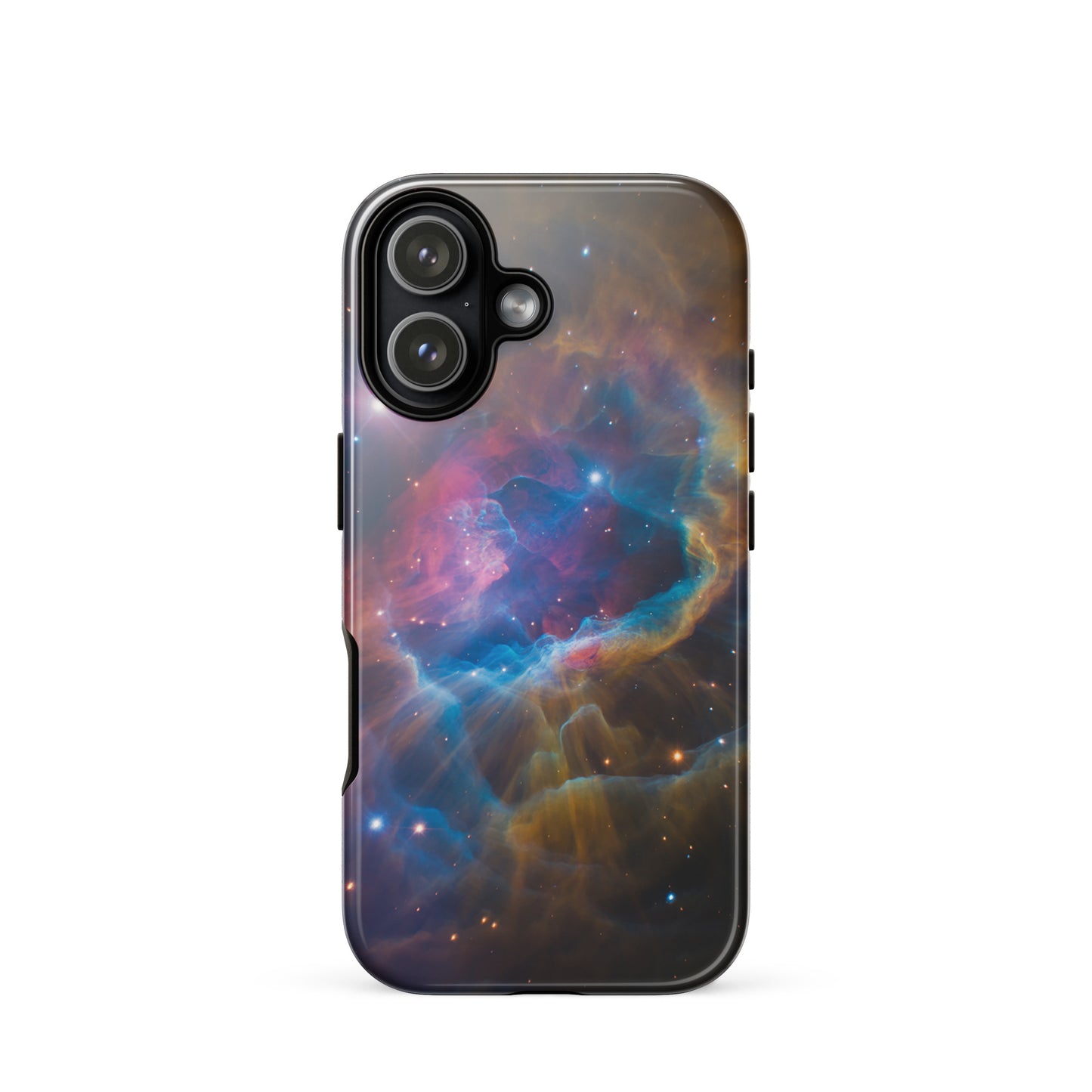 Nebula Cosmic Dreamscape Starburst Edition Phone Case for iPhone with swirling nebulas in electric blue and fiery orange colors.
