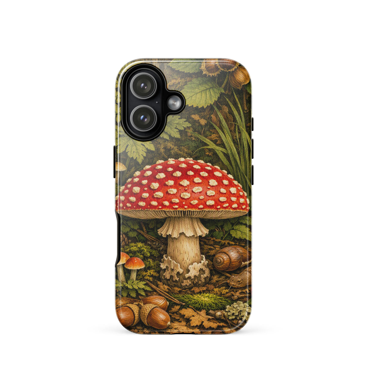 Phone Case for iPhone featuring Amanita muscaria mushroom design in lush forest setting, vivid colors and anatomical accuracy.