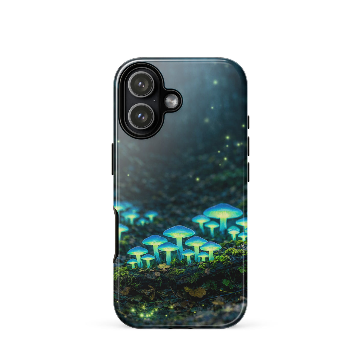 Phone Case for iPhone featuring glowing forest mushrooms with a dreamy bioluminescent blue-green design on a misty woodland scene.
