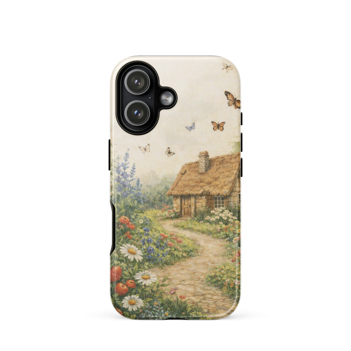 Phone Case for iPhone featuring cottage garden art with stone cottage, daisies, poppies, and butterflies on a cream background.