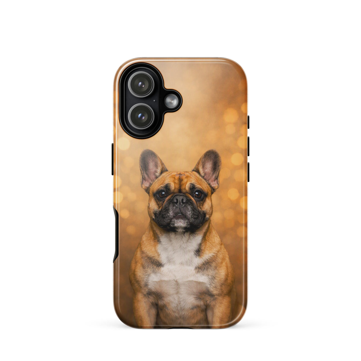 Phone Case featuring a French Bulldog against a golden bokeh background, designed for iPhone, Warm Glow Edition for dog lovers.