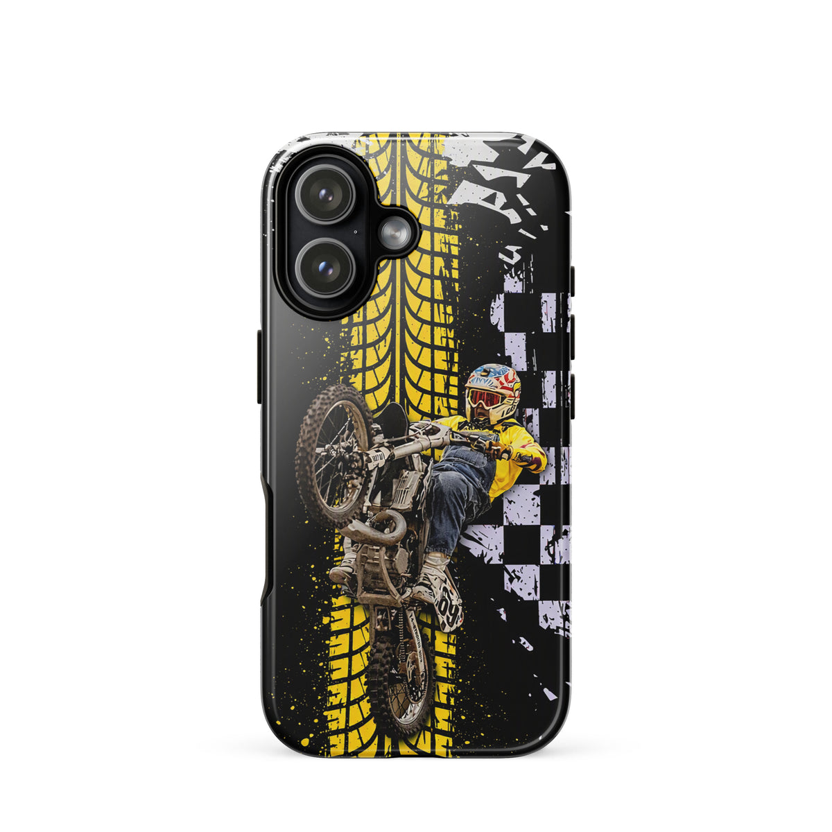 Phone Case for iPhone with Ronnie Mac air-wheelie design in black, white, and yellow, featuring checkerboard and tire track patterns.