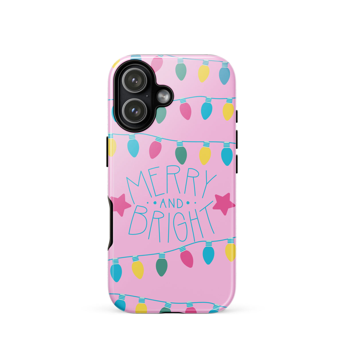 Phone Case for iPhone with 'Merry and Bright' design, featuring festive lights and stars on a pink background.