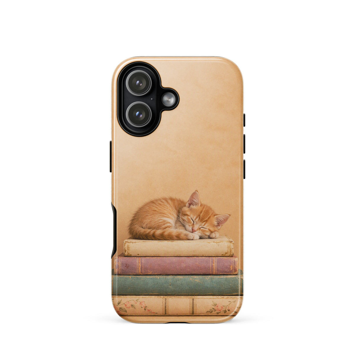 Phone Case for iPhone featuring a sleeping kitten on vintage books, capturing cozy charm and warmth in soft neutral colors.