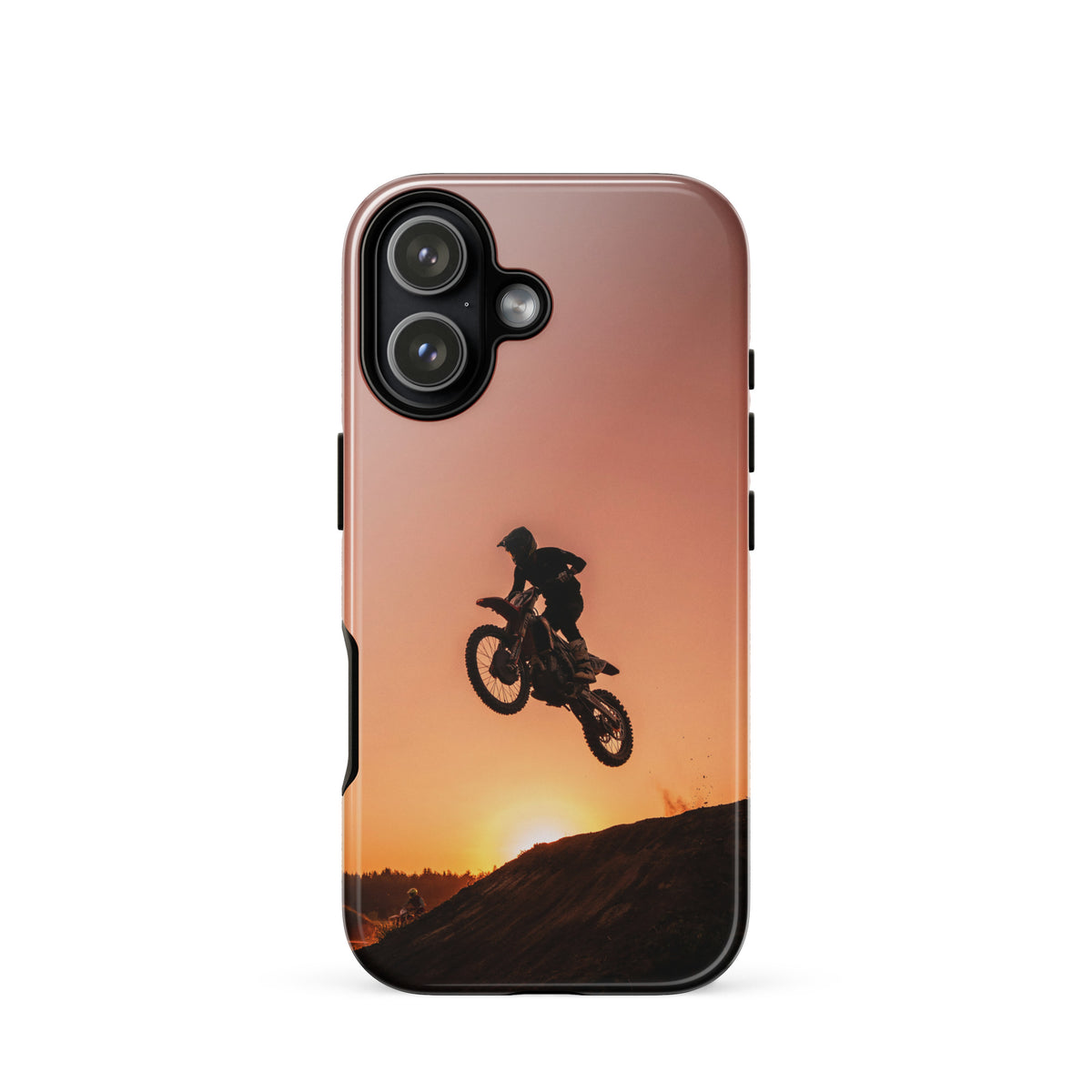 Phone Case for iPhone with motocross sunset dirt bike design, featuring a silhouette jump against warm copper and orange tones.