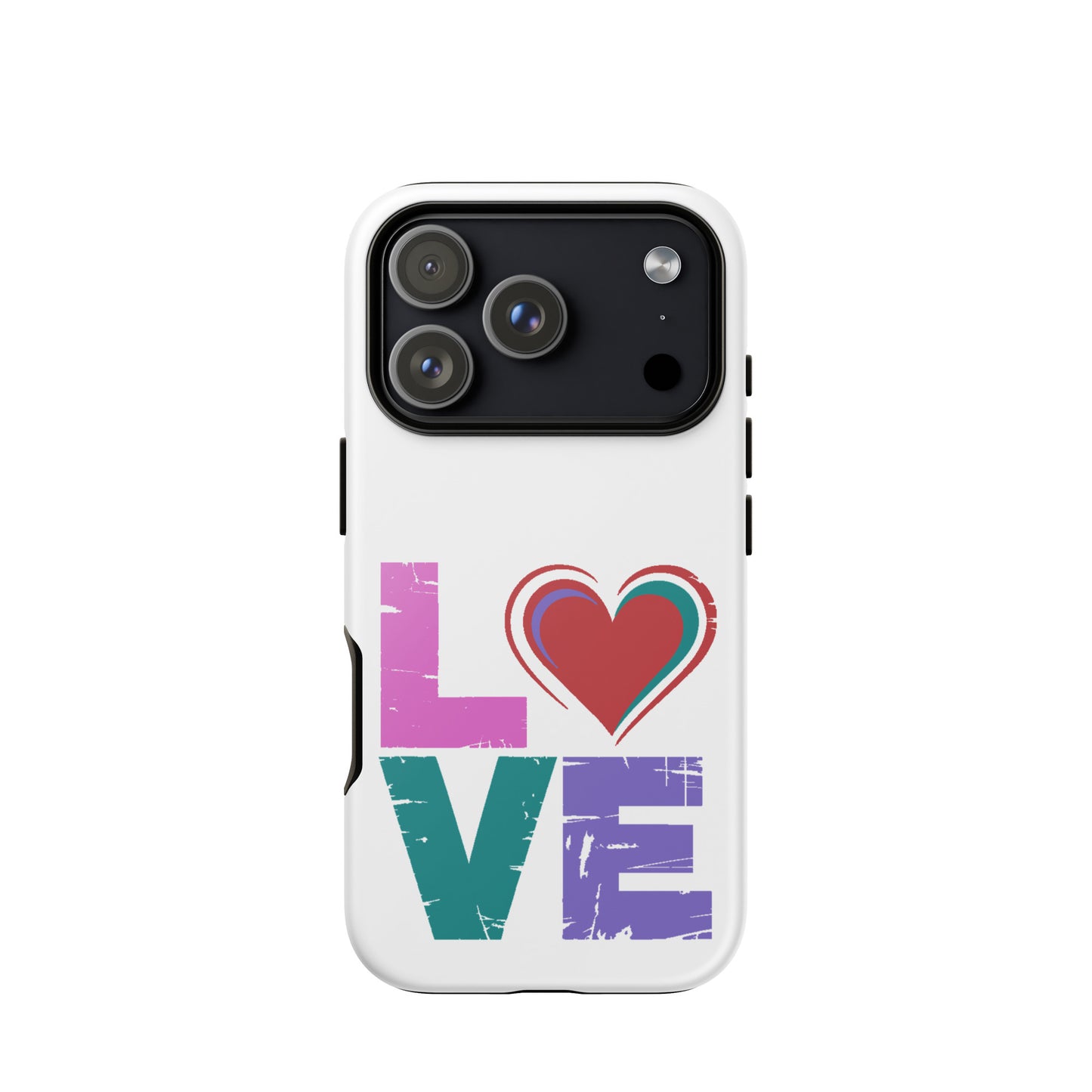 Love Tough Dual Layerd Case for iPhones featuring colorful 'LOVE' design with heart replacing 'o'.
