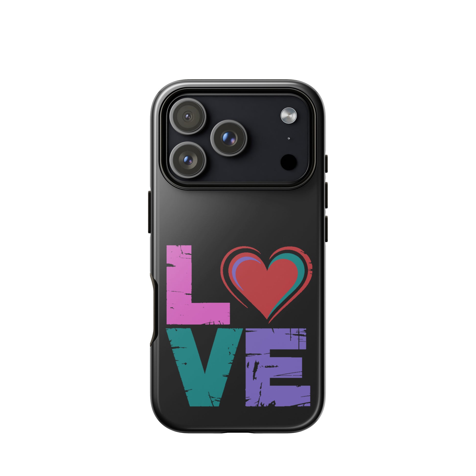 Love Tough Dual Layered Case for iPhones featuring a colorful 'LOVE' design with a heart.