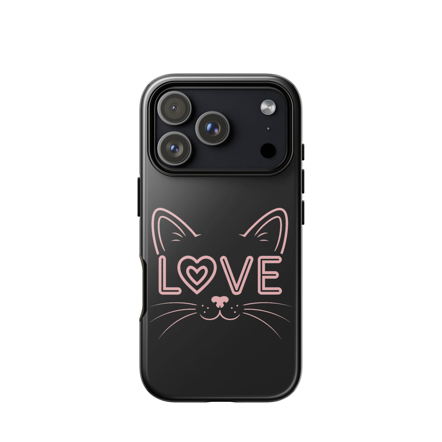 Cat Love Phone Case for iPhone with minimalist cat face design and 'love' accent.