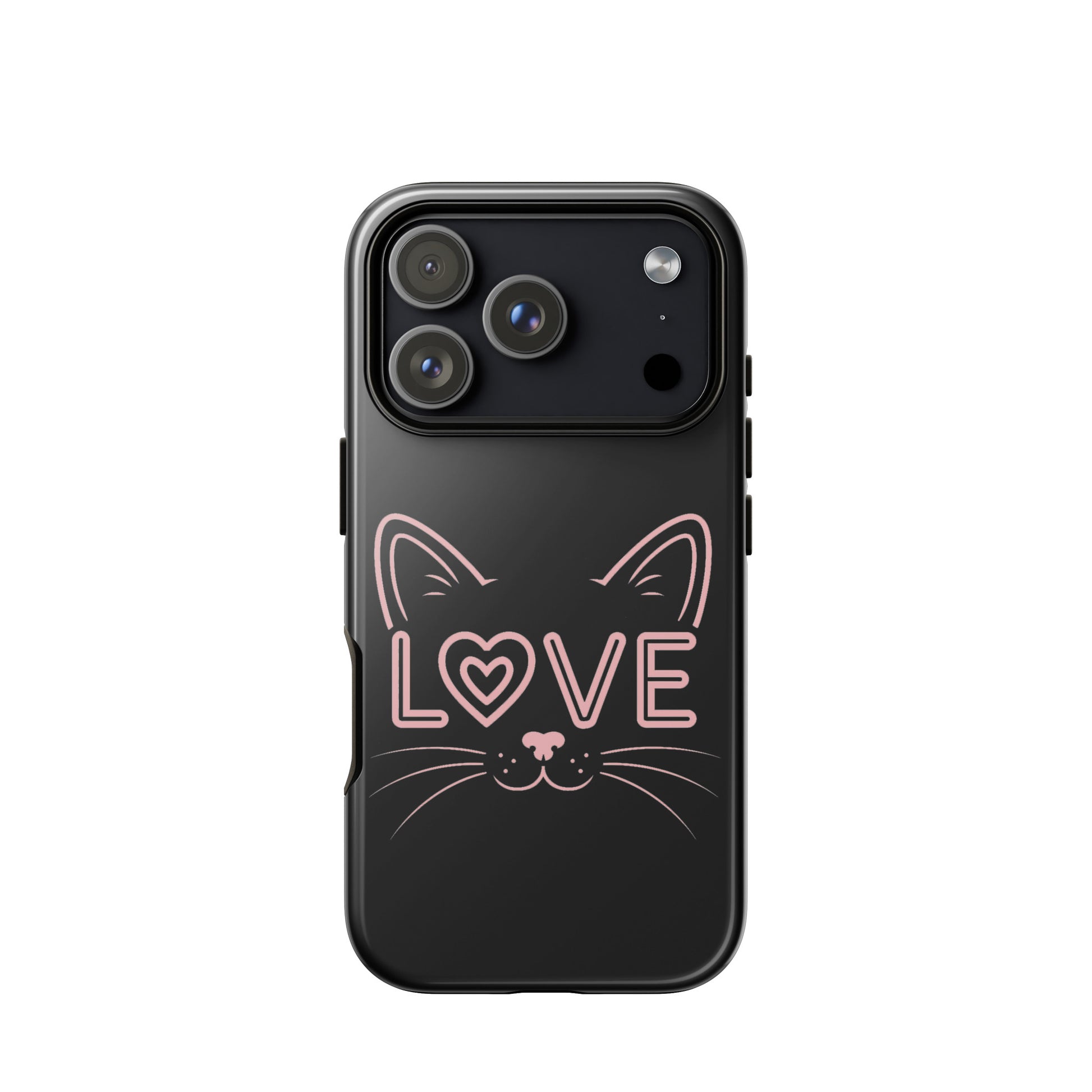 Cat Love Phone Case for iPhone with minimalist cat face design and 'love' accent.